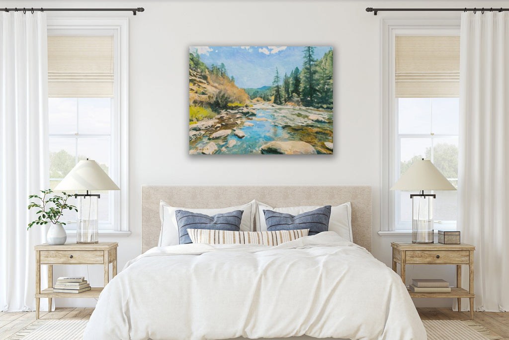 Summer Memories Oil Painting, Blue Green Rocky Mountain Landscape, Canvas Print, HORIZONTAL Wall Art