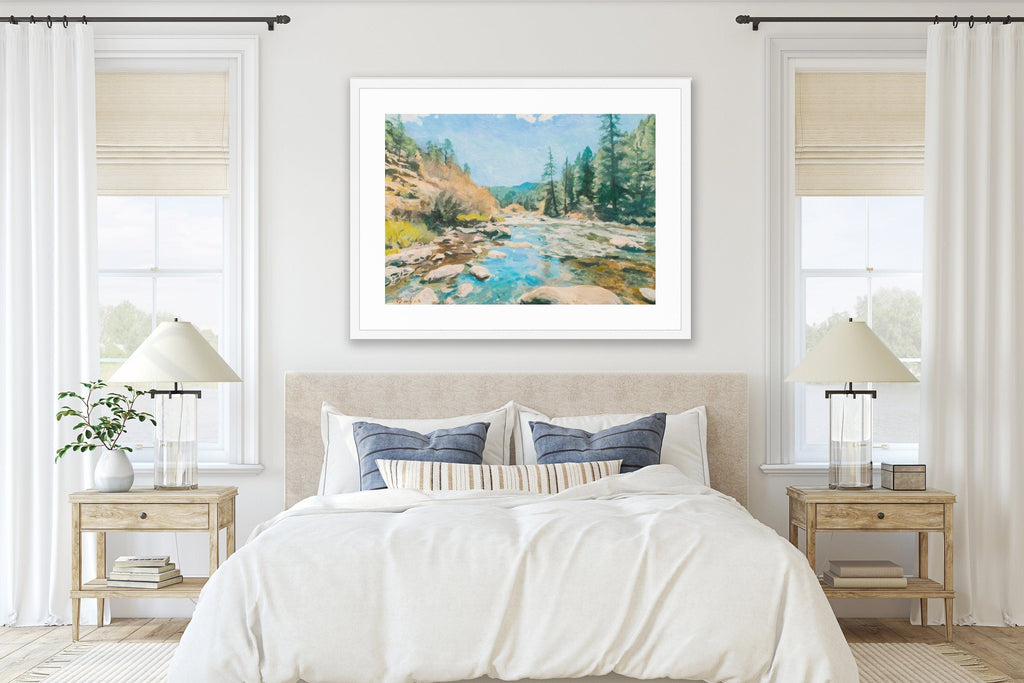 Summer Memories Oil Painting, Teal Green Rocky Mountain Landscape, Paper Print, HORIZONTAL Wall Art