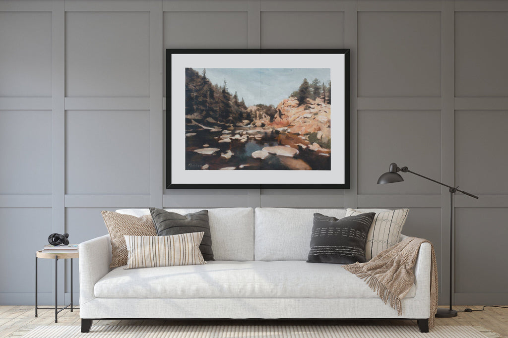 Morning Glory Oil Painting, Brown Gray Rocky Mountain Landscape, Paper Print, Horizontal Wall Art