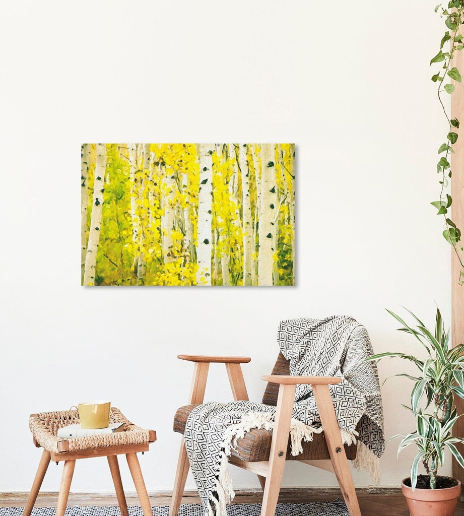 Aspen Trunks Oil Painting, Yellow Fall Color Rocky Mountain Landscape, Archival Canvas Print, HORIZONTAL Wall Art